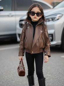 Elladie kids 少女酷感咖啡棕人造PU皮革夾克，時尚寬鬆版型長袖落肩機車騎士外套，秋季穿搭外套 - 棕色 - 查看 3