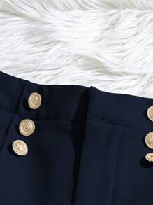 SHEIN Clasi 女士时尚优雅简约装饰纽扣 A 字型实用口袋百搭纯色短裤，春夏 - 藏蓝色 - 查看 3