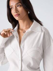 LYSMO 女式休闲纯色纽扣长袖衬衫 - 白色 - 查看 4