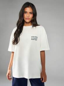 MISSGUIDED Camiseta de entrenamiento motivacional oversize con eslogan "Corre duro, corre rápido", de manga corta, cuello redondo, mezcla de algodón, corte holgado, ropa deportiva casual - Blanco - Ver 4