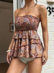 SHEIN Unity Top con volados y bandeau con estampado de paisley de color oscuro, casual de verano - Óxido marrón - Ver 4