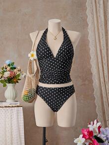 Bellisia Women's Polka Dot Print Halter Tankini Top And Triangle Bottoms Set With Skirt