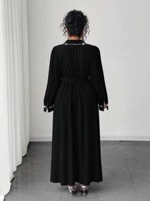 Elenzga Plus Size Elegant Commuter Long Dress With Pearl Decor Fall Cloth For Women - Black - View 2