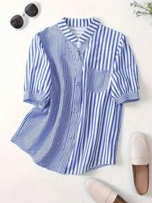 Omancia 女士条纹印花简约日常短袖衬衫、短袖上衣
