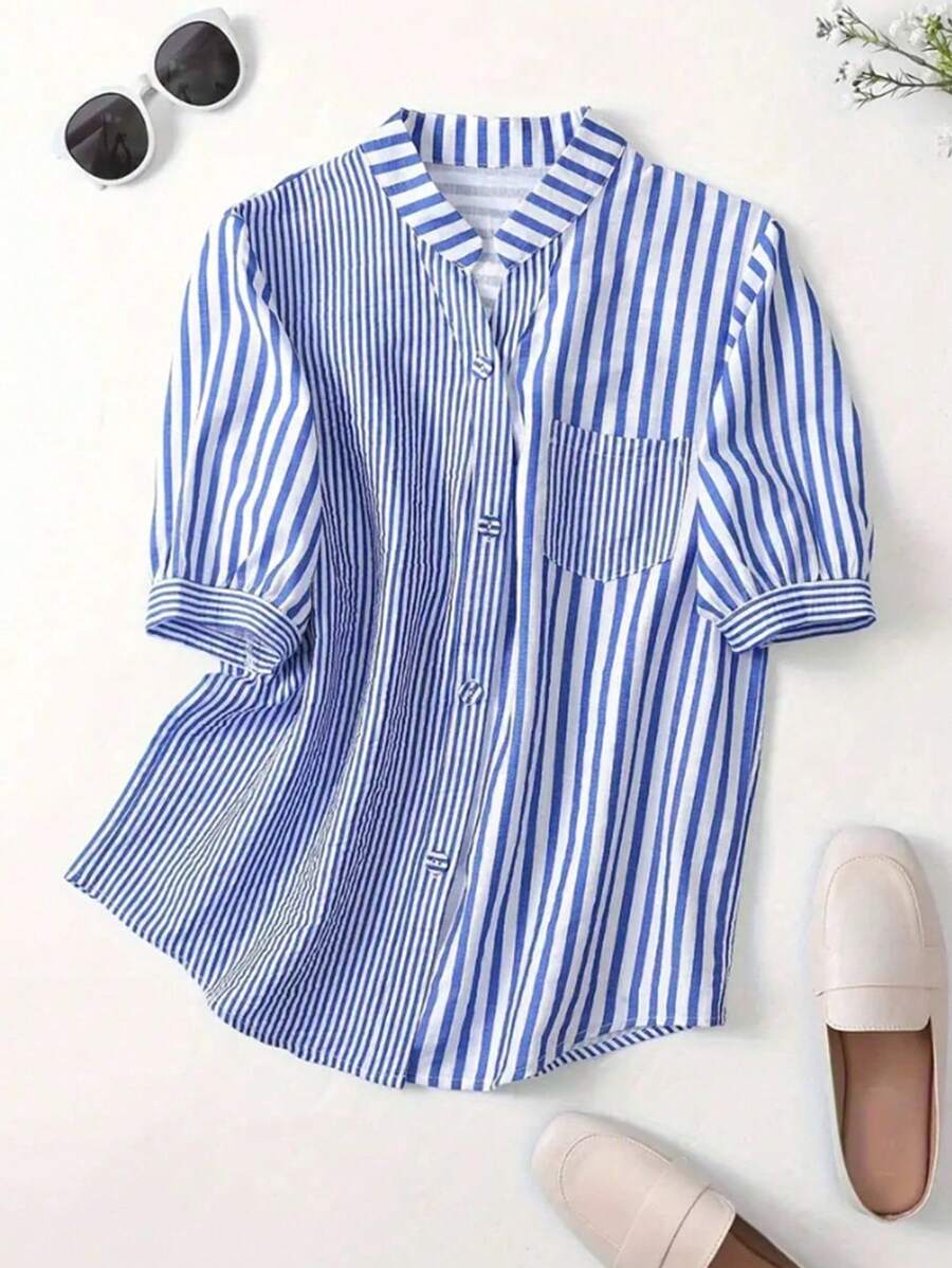 Omancia 女士条纹印花简约日常短袖衬衫、短袖上衣