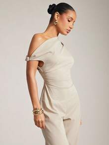 Hauture 女式不对称缀饰褶饰单肩垂坠上衣，女式日常上衣 - 卡其色 - 查看 5