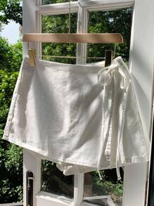 Comfortcana 女式休闲打结白色牛仔裙裤 - 白色 - 查看 4