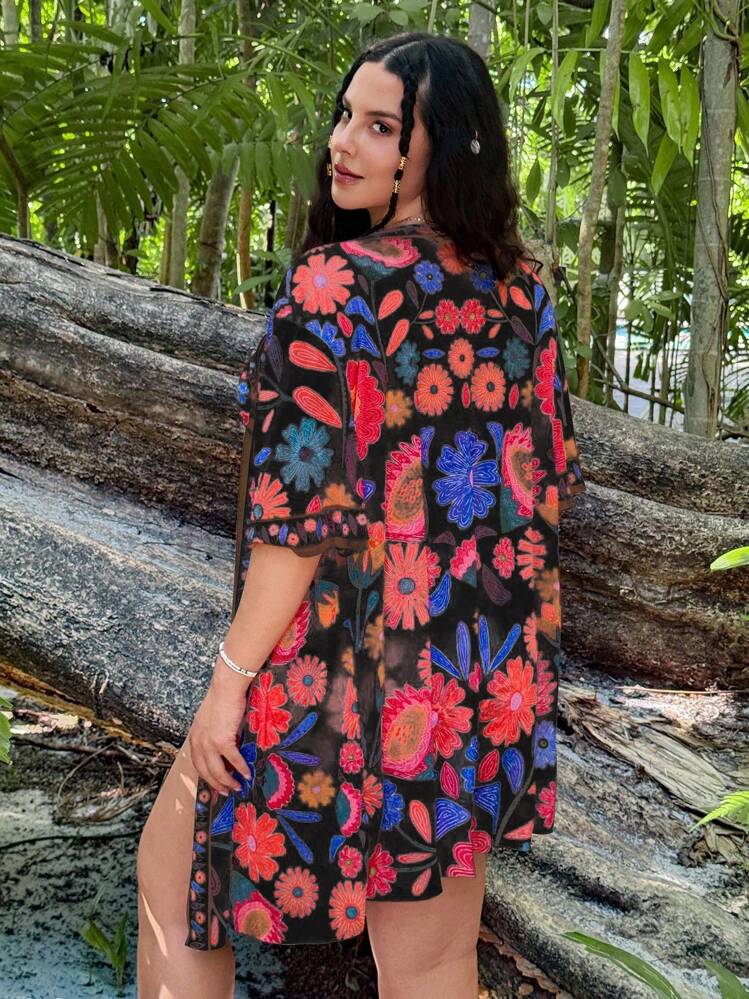 Swim Vcay Conjunto de tankini de 3 piezas con estampado floral para mujer talla grande, atuendo casual de playa de verano - Multicolor - Añade 2