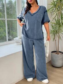 SHEIN EZwear Bộ 2 món Áo thun xanh thường ngày và quần dài, size lớn cho nữ - Màu xanh lam - Xem 3