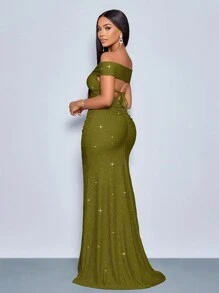 SOLERSUN 适合圣诞派对度假和约会优雅的勃艮第优雅扭曲露肩露背肩带高开叉美人鱼连衣裙，带有金属光泽的超长女士服装