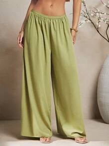 L'Amorae Women's Solid Woven Flowy Wide Leg Linen Pants