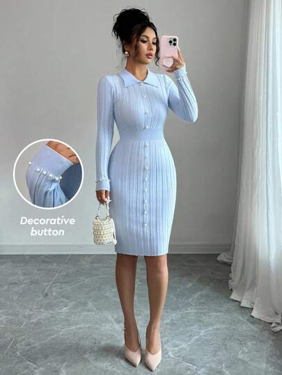Elenzga Ribbed Collar Pearl Decor Waist Fitted Bodycon Women Sweater Dress Fall Winter Cloth For Women