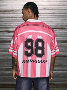 AXEPEAK 宽松印花 Polo 领短袖男士 Polo 衫，秋季，2000 年代风格 - 粉色 - 查看 2