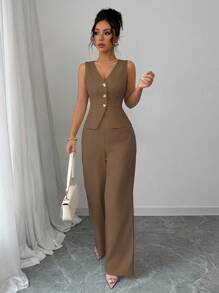 SHEIN Tall Women's Business Chic Sleeveless Blazer Vest & Pants Suit Set, Summer Commuting Old Money Style