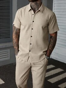 Manfinity Homme Bộ quần áo và áo sơ mi trơn màu thường ngày dành cho nam - Màu Khaki - Xem 4