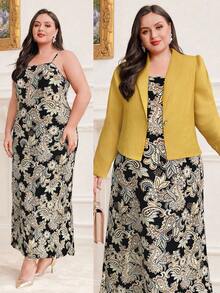 Modelyn Plus Size Notch Lapel Blazer And Paisley Print Cami Dress 2pcs/Set 2 Pieces Set - Yellow - View 1