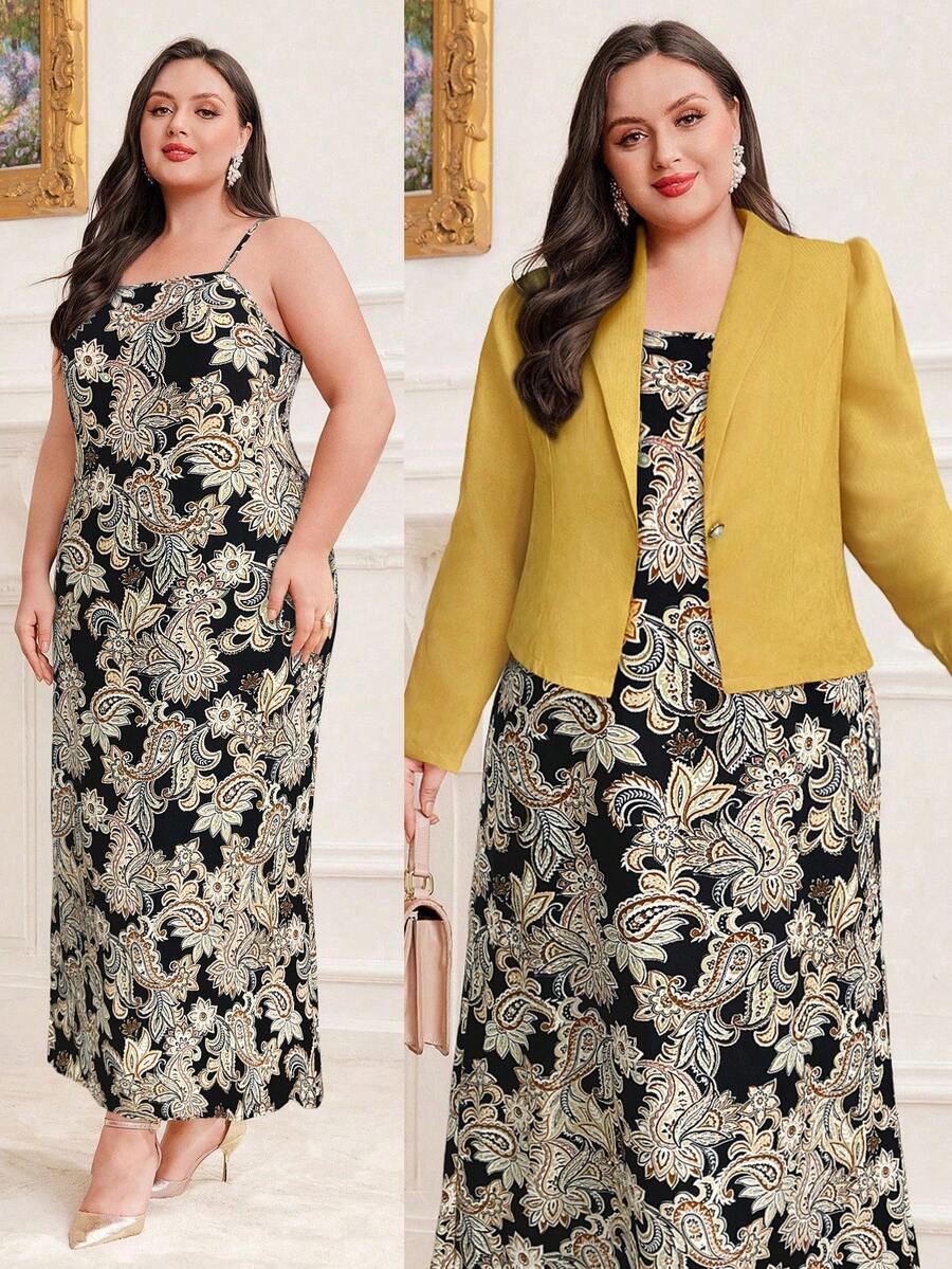 Modelyn Plus Size Notch Lapel Blazer And Paisley Print Cami Dress 2pcs/Set 2 Pieces Set - Yellow - View 1