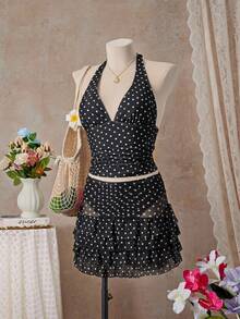 Bellisia Women's Polka Dot Print Halter Tankini Top And Triangle Bottoms Set With Skirt