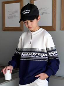 SHEIN 复古图案宽松长袖半拉链毛衣，适合青少年男孩