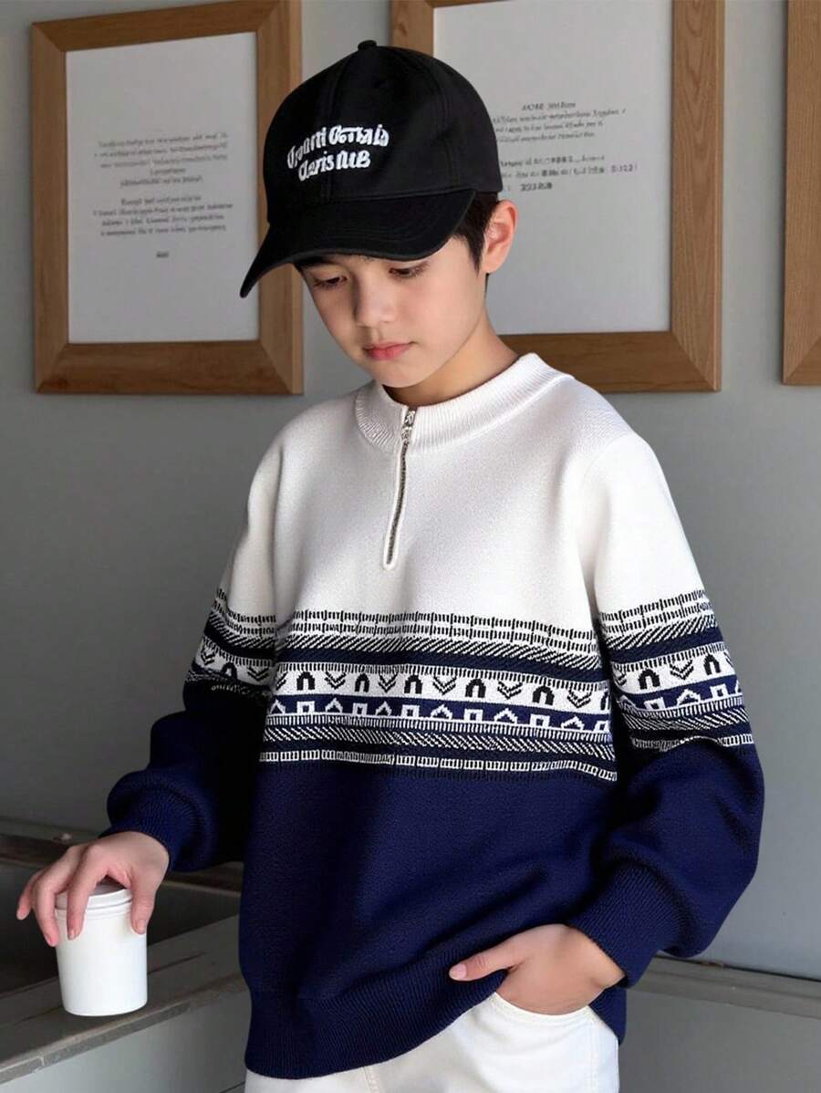 SHEIN 复古图案宽松长袖半拉链毛衣，适合青少年男孩