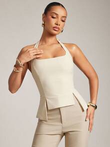 Hauture 女式性感圆领办公室休闲修身弹力上衣，配有可调节后背系带 - 卡其色 - 查看 1