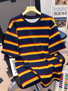 Manfinity Dauomo 日系休闲复古简约男士学院风彩色条纹T恤 - 彩色 - 查看 1