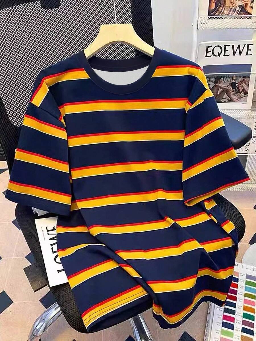 Manfinity Dauomo 日系休闲复古简约男士学院风彩色条纹T恤 - 彩色 - 查看 1