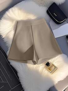 SHEIN Clasi Women's Fashionable Elegant Minimalist Decorative Button A-Line Practical Pocket Versatile Solid Color Shorts, Spring/Summer - Khaki - View 2