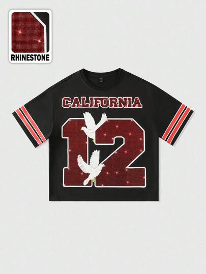 Prep قميص تي شيرت قصير الأكمام بنمط الماس اللامع، بتصميم فضفاض قصير