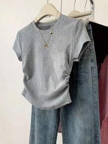 INAWLY 女士休闲褶皱圆领短袖T恤 - 彩色 - 查看 6