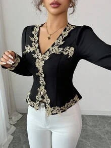 Elenzga 女士优雅精致 V 领长袖拼色荷叶边修身衬衫，适合日常、户外、约会、购物等场合，春秋季 - 黑色 - 查看 6