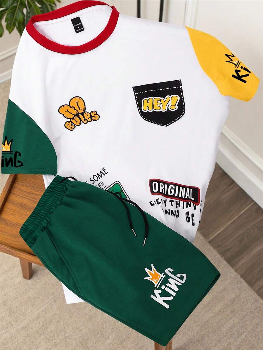 Claim Dot Plus Size Men Letter Print Short Sleeve T-Shirt And Drawstring Waist Shorts Set - Multicolor - View 1