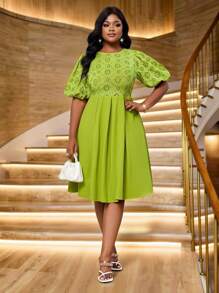 Fleurora 春夏优雅通勤办公休闲外出休闲波西米亚风绿色编织刺绣圆领舞会礼服主教袖中长短袖大码连衣裙优雅套装办公连衣裙