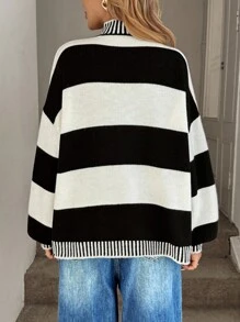 Easowa 秋季女士宽松休闲长袖圆领黑白条纹毛衣，秋冬季女士条纹上衣，秋冬季女士冬季毛衣，圣诞节女士圣诞毛衣，秋季女士，秋季女士，冬季女士冬季毛衣，万圣节服装，圣诞毛衣，新年造型 - 黑與白 - 查看 4