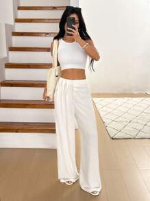 SHEIN EZwear 女士休闲纯色褶皱不对称腰部阔腿裤 - 杏色 - 查看 4