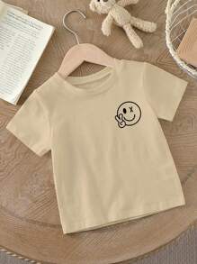 SHEIN Playful Pals Toddler Boys' Smiling Face Print Crew Neck Short Sleeve Basic T-Shirt, Summer