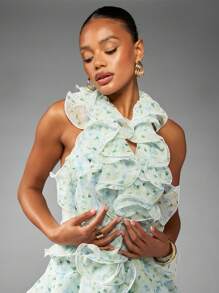 MISSGUIDED Floral Chiffon Mini Dress Ruffle Detail Halter Neck Spring Summer Wedding Guest Party Special Occasion Garden Tea Dress - Multicolor - View 3