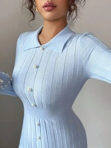 Elenzga Robe pull moulante pour femmes avec col côtelé, décoration de perles et taille ajustée - Bleu azur - Voir 5