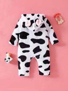 SHEIN Autumn/Winter Baby Girl Plush Cute Black & White Romper Cow Print Baby Clothes Baby Cow Jumpsuit Fall