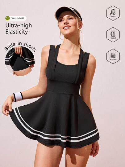 CourtClass 1 件女式黑色无袖交叉背 U 领运动连衣裙，配有短裤和口袋，适合春夏季日常休闲穿着、跑步、瑜伽、健身、网球、高尔夫