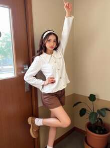 Áo len cardigan cổ bẻ cho bé gái, áo sơ mi dài tay khoét lỗ đan cho mùa thu - trắng - Xem 7