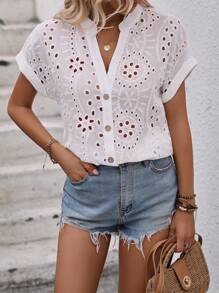 Breezaya 網眼刺繡蝙蝠袖前紐扣襯衫 - 白色 - 查看 3