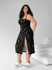 SHEIN EZwear 大码女式花卉印花细肩带长裙，沙滩装，波西米亚风格，春季服装，节日派对长裙，夏威夷连衣裙，休闲女式连衣裙，露背印花开衩下摆休闲长裙 - 彩色 - 查看 4