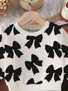 Baby Girls' Bow Print Crew Neck Sweatshirt And Black Knit Leggings Set, Autumn/Winter Outfit Fall - Multicolor - View 3