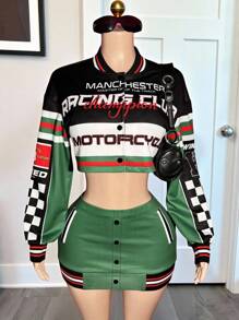 Slaydiva New Summer And Early Autumn Casual Street Motorcycle Style Daily Dating Retro Party Baseball Collar Drop Shoulder Long Sleeve Loose Cropped Jacket Top + Hip Mini Skirt Black And White Plaid Print Slogan Logo23 Digital Print Dark Green Sweater Suit Women's Two Pieces Suit-A - Multicolor - View 3