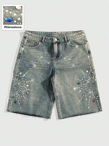 ROMWE MEN Street Life Spring/Summer Casual Graphic Men'S Rhinestone Decorated Fashionable Denim Shorts - Medium Wash - View 1