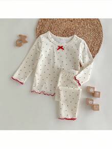 Loomiva Baby Girls' Cherry Print 2pcs Set,Red Autumn Long Sleeve Knitted T-Shirt & Pants,100% Cotton Cute Modest Family Matching Clothes,Bow Decor Baby Outfit - Beige - View 3