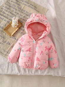 SHEIN 女婴厚连帽夹克，柔软蓬松的粉色印花冬季外套 - 彩色 - 查看 3