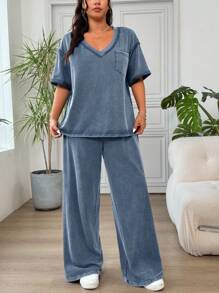 SHEIN EZwear Bộ 2 món Áo thun xanh thường ngày và quần dài, size lớn cho nữ - Màu xanh lam - Xem 5