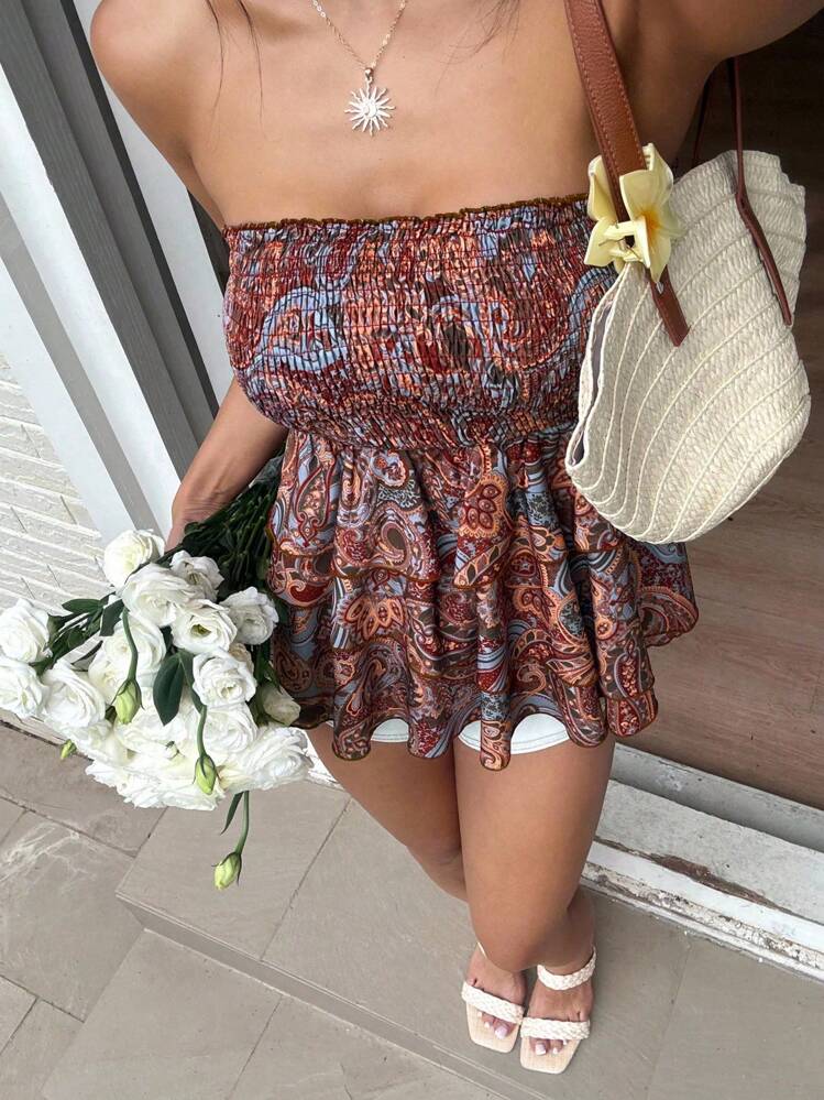 SHEIN Unity Top con volados y bandeau con estampado de paisley de color oscuro, casual de verano - Óxido marrón - Añade 8